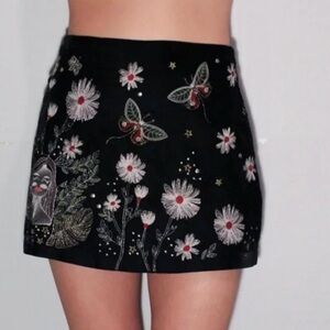 Zara Woman Velvet Embroidered Wrap Skort XS Black Wildflower Butterfly